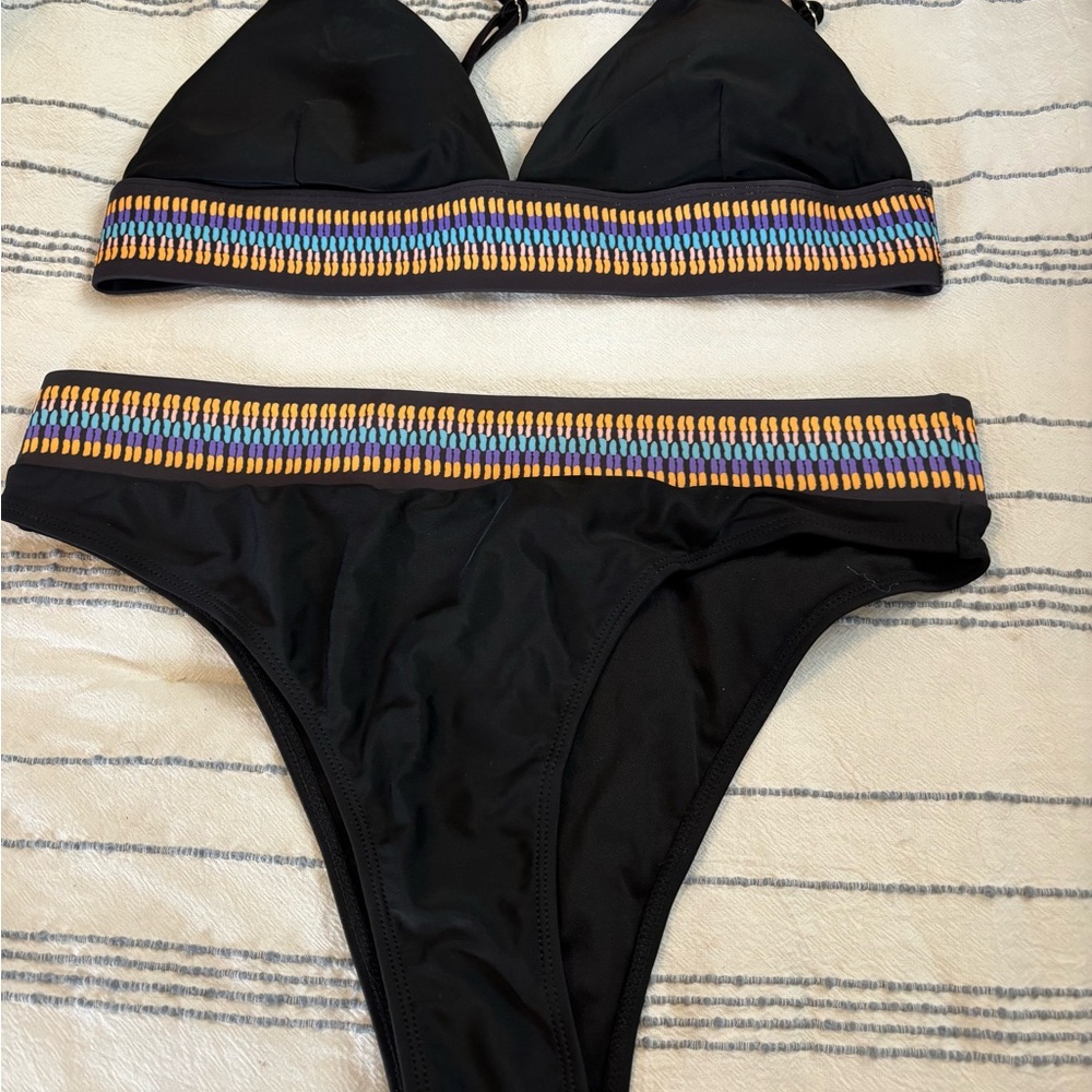 SHEIN Black Bikini Set with Blue, Purple & Gold Trim